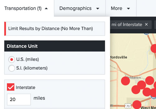 Buildings & Sites Screenshot - Transportation Filter
